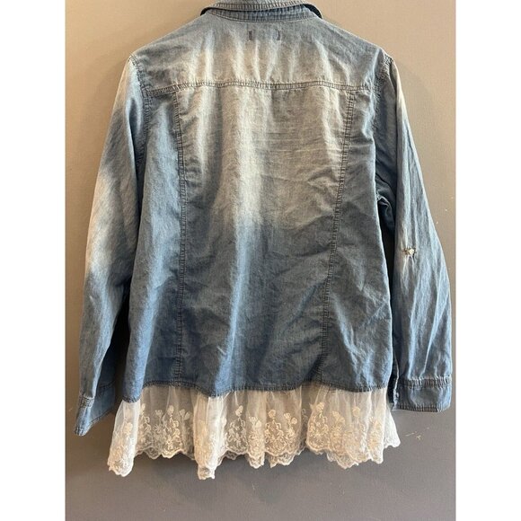 Say What? Denim Tattered Lace Chambray Pearl Button Up Shirt Top Womens 2X - Picture 5 of 7